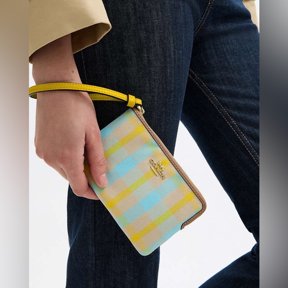 Coach Corner Zip Wristlet With Plaid Print- Color: Im/Bright Maize Multi